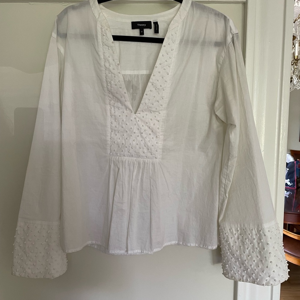 THEORY DETAILED EMBROIDERED LOOSE COTTON PEASANT LONG SLEEVE TOP